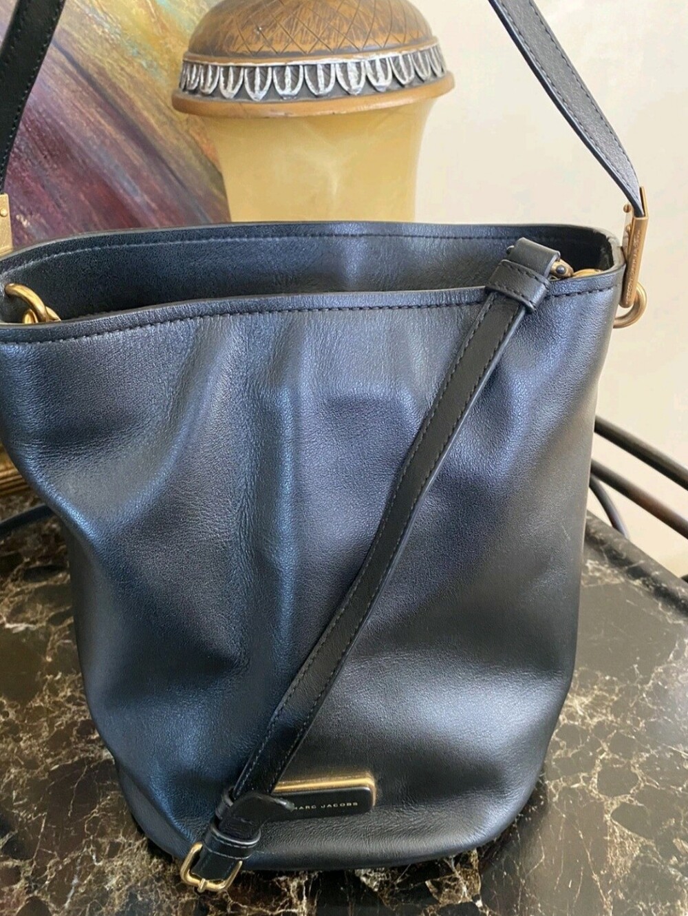 Marc by Marc Jacobs Black Leather Bucket Shoulder Bag with Gold Hardware